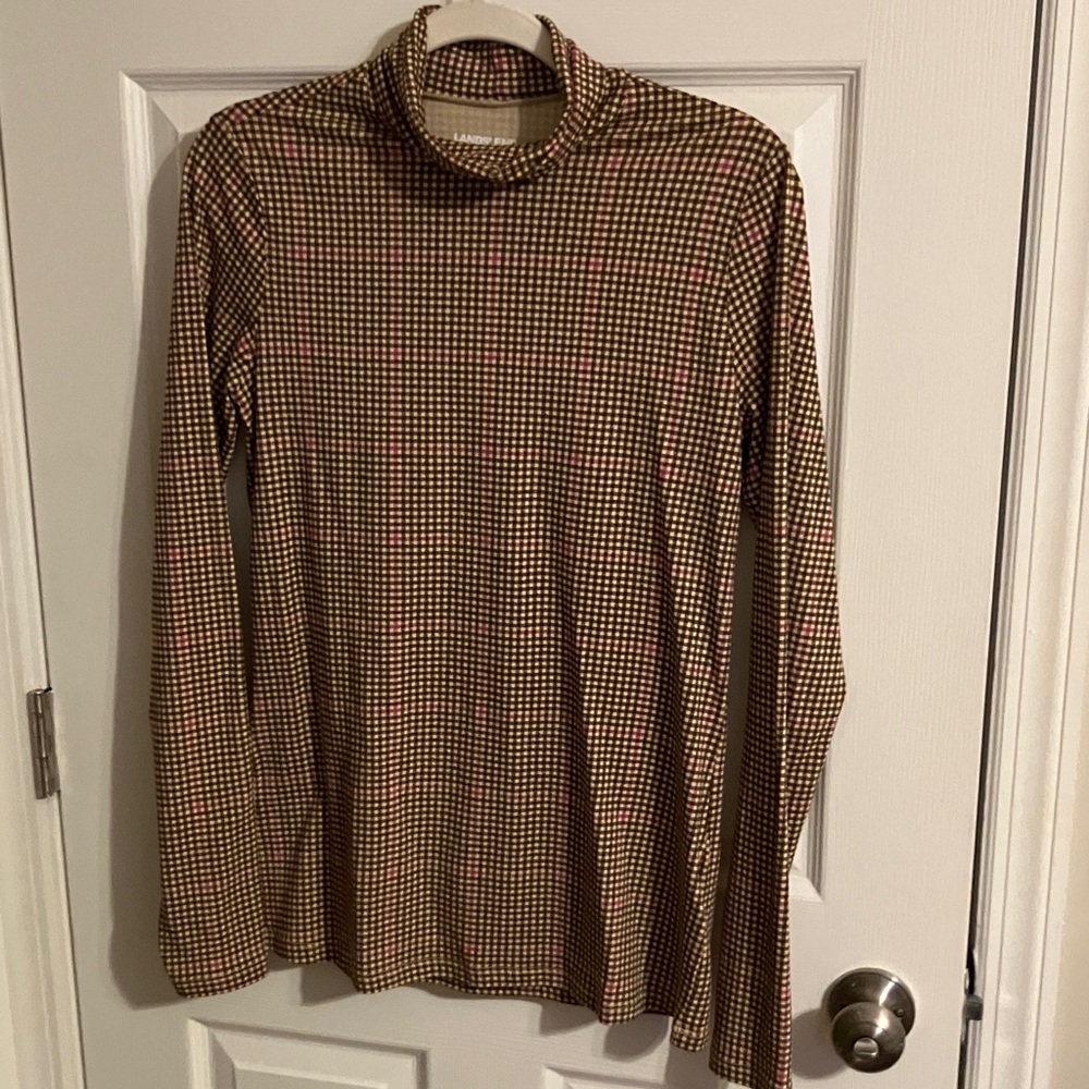 Lands' End Women's Checkered Jersey Top - Brown and Pink